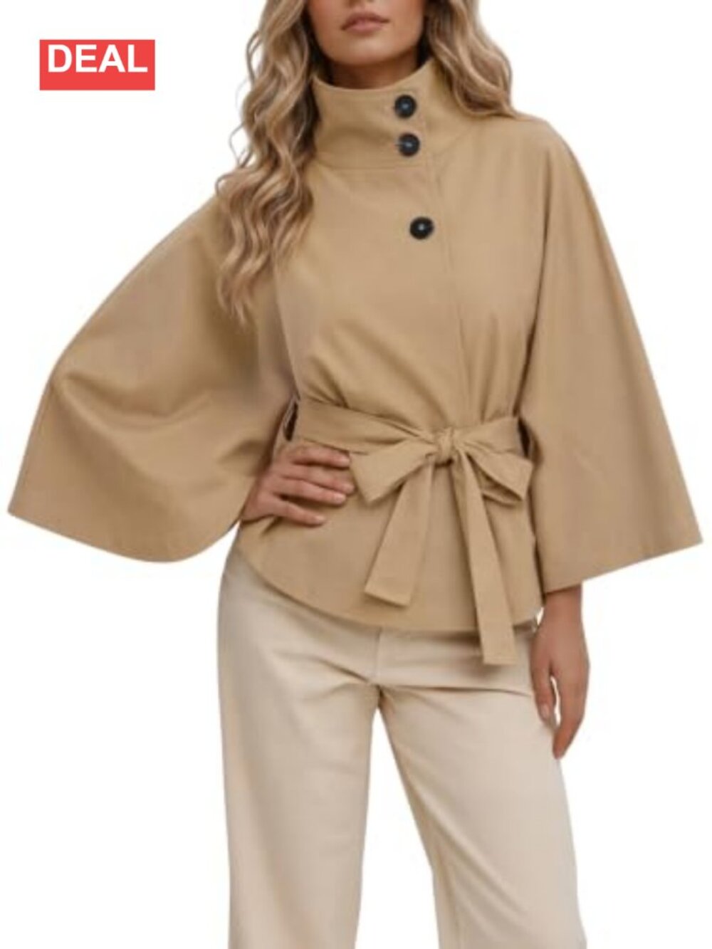 Womens Cropped Trench Coat Cape Sleeve Funnel Neck Belted Jacket